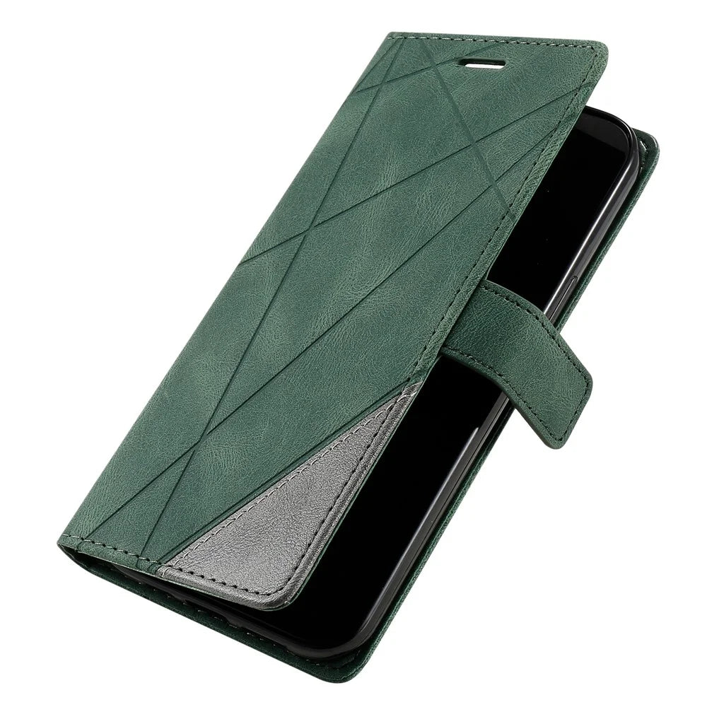 For Samsung Galaxy S26 Case Imprinted Lines PU Leather Splicing Wallet Phone Cover - Green - 6