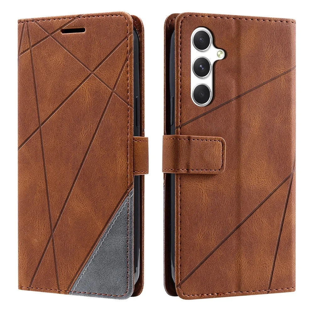 For Samsung Galaxy S26+ Case Imprinted Lines PU Leather Splicing Wallet Phone Cover - Brown - 1