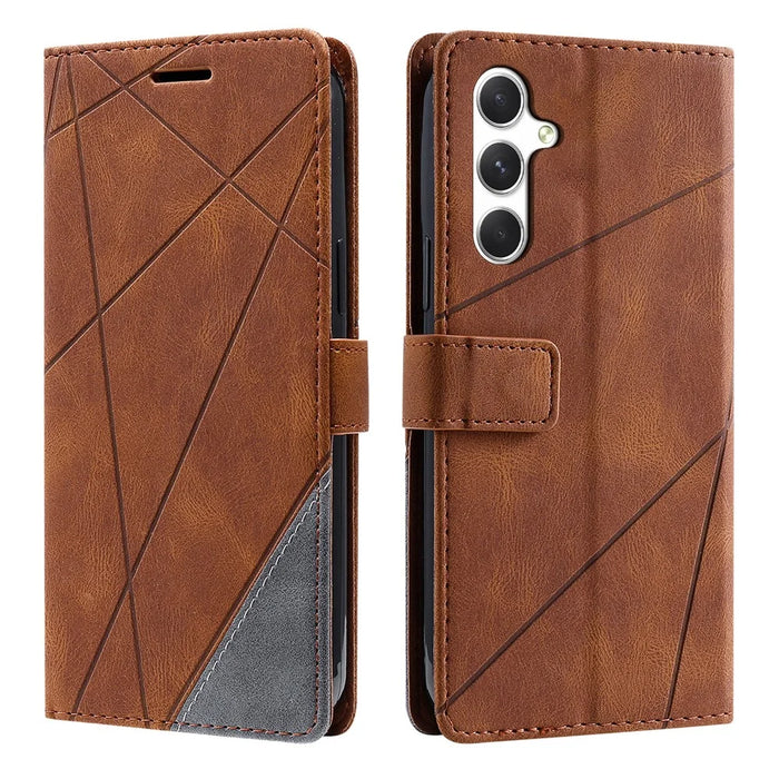For Samsung Galaxy S26+ Case Imprinted Lines PU Leather Splicing Wallet Phone Cover - Brown - 1