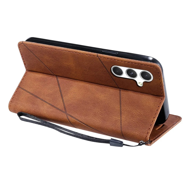 For Samsung Galaxy S26+ Case Imprinted Lines PU Leather Splicing Wallet Phone Cover - Brown - 4