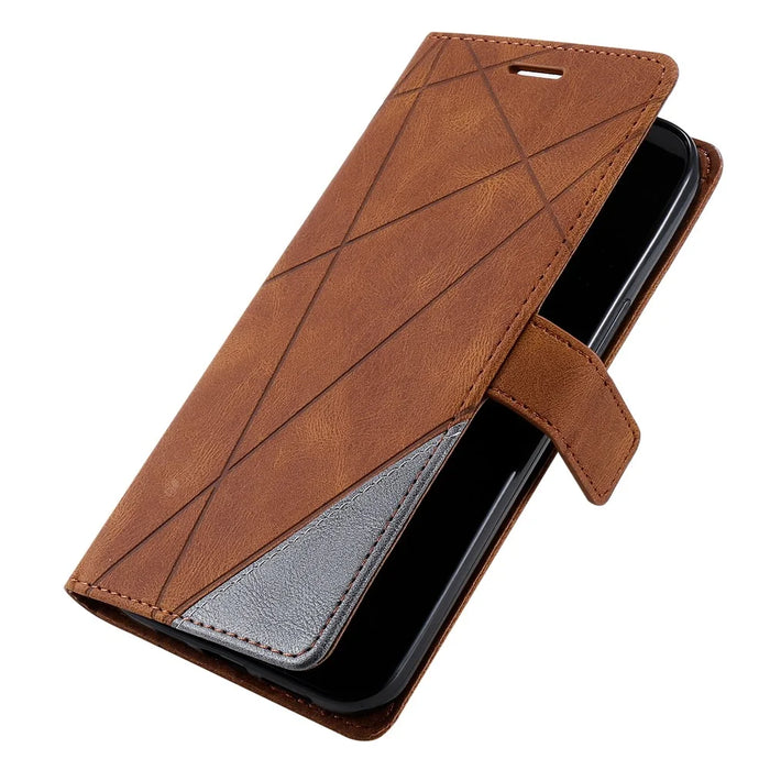 For Samsung Galaxy S26+ Case Imprinted Lines PU Leather Splicing Wallet Phone Cover - Brown - 6