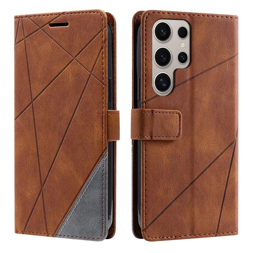 For Samsung Galaxy S26 Ultra Case Imprinted Lines PU Leather Splicing Wallet Phone Cover - Brown - 1