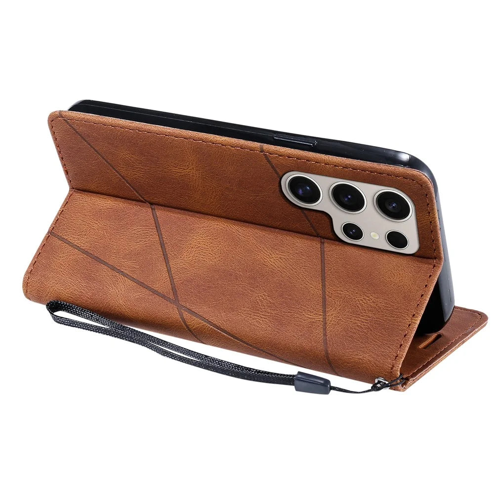 For Samsung Galaxy S26 Ultra Case Imprinted Lines PU Leather Splicing Wallet Phone Cover - Brown - 4