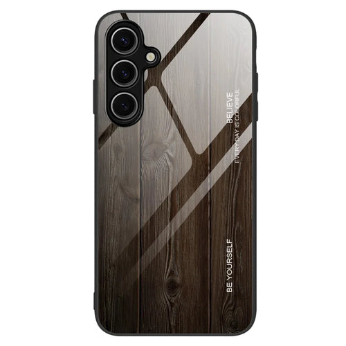 For Samsung Galaxy A37 5G Case TPU + Tempered Glass Back Phone Cover Wood Texture - Black - 1