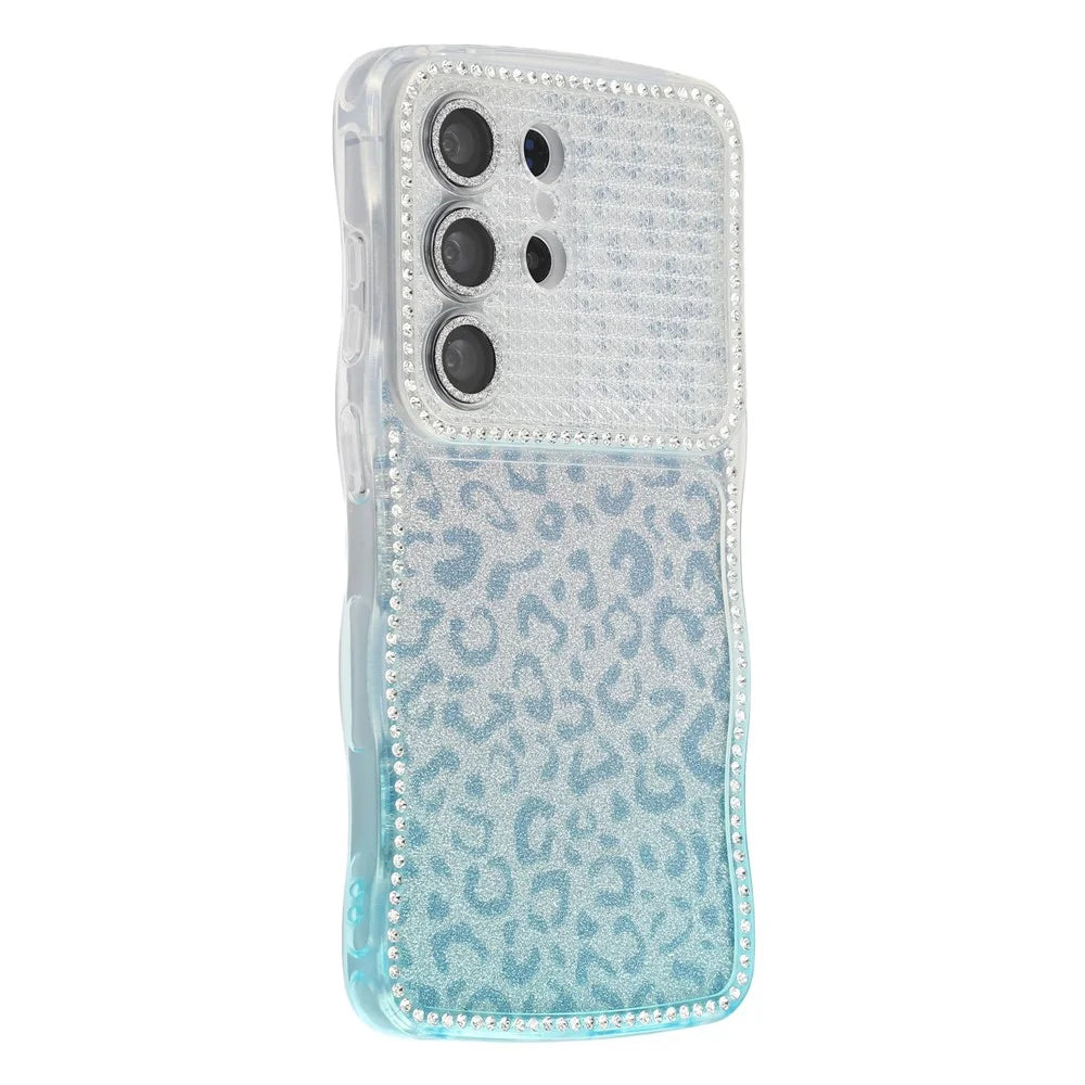 For Samsung Galaxy S26 Ultra Case Rhinestone Decor Wave Frame TPU Phone Cover with Leopard Print Glitter Card  /  Lens Film - Gradient Blue - 1