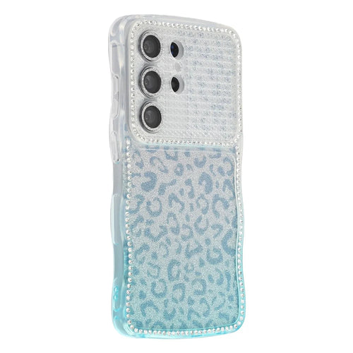For Samsung Galaxy S26 Ultra Case Rhinestone Decor Wave Frame TPU Phone Cover with Leopard Print Glitter Card  /  Lens Film - Gradient Blue - 1
