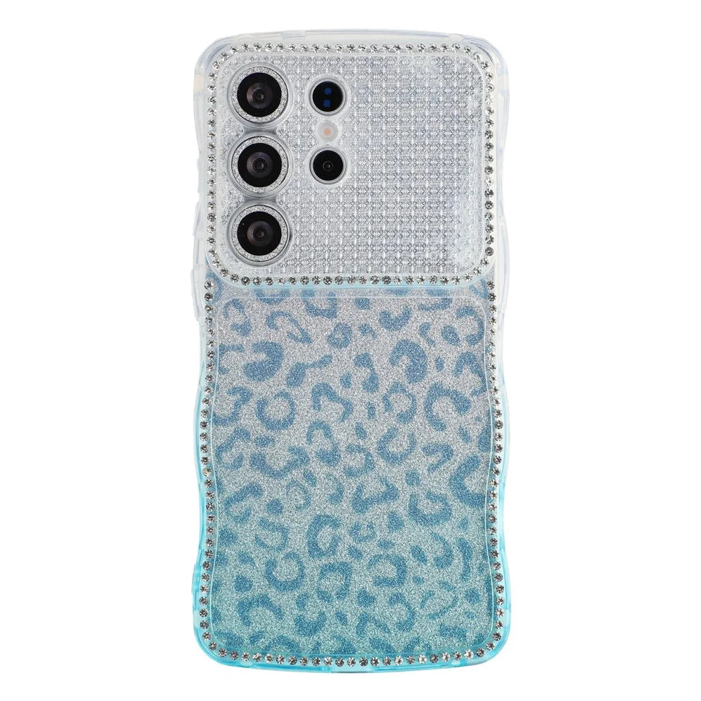 For Samsung Galaxy S26 Ultra Case Rhinestone Decor Wave Frame TPU Phone Cover with Leopard Print Glitter Card  /  Lens Film - Gradient Blue - 2