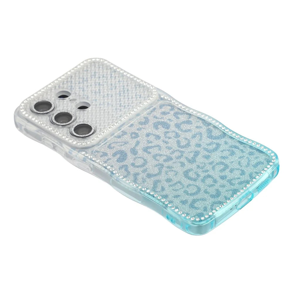 For Samsung Galaxy S26 Ultra Case Rhinestone Decor Wave Frame TPU Phone Cover with Leopard Print Glitter Card  /  Lens Film - Gradient Blue - 4