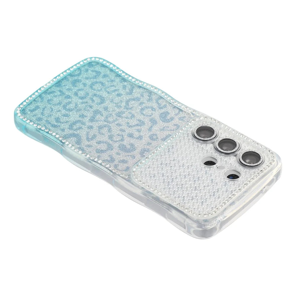 For Samsung Galaxy S26 Ultra Case Rhinestone Decor Wave Frame TPU Phone Cover with Leopard Print Glitter Card  /  Lens Film - Gradient Blue - 5