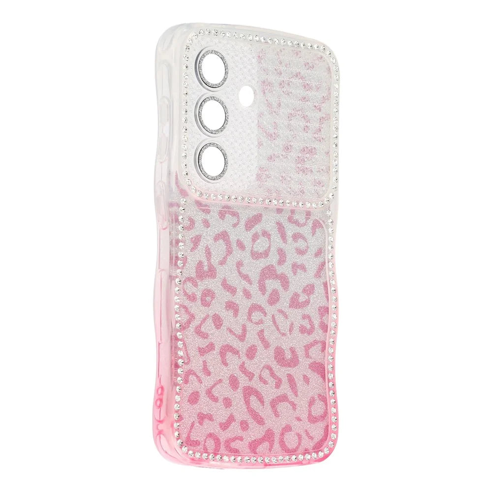 For Samsung Galaxy S26 Case Rhinestone Decor Wave Frame TPU Phone Cover with Leopard Print Glitter Card  /  Lens Film - Gradient Pink - 3
