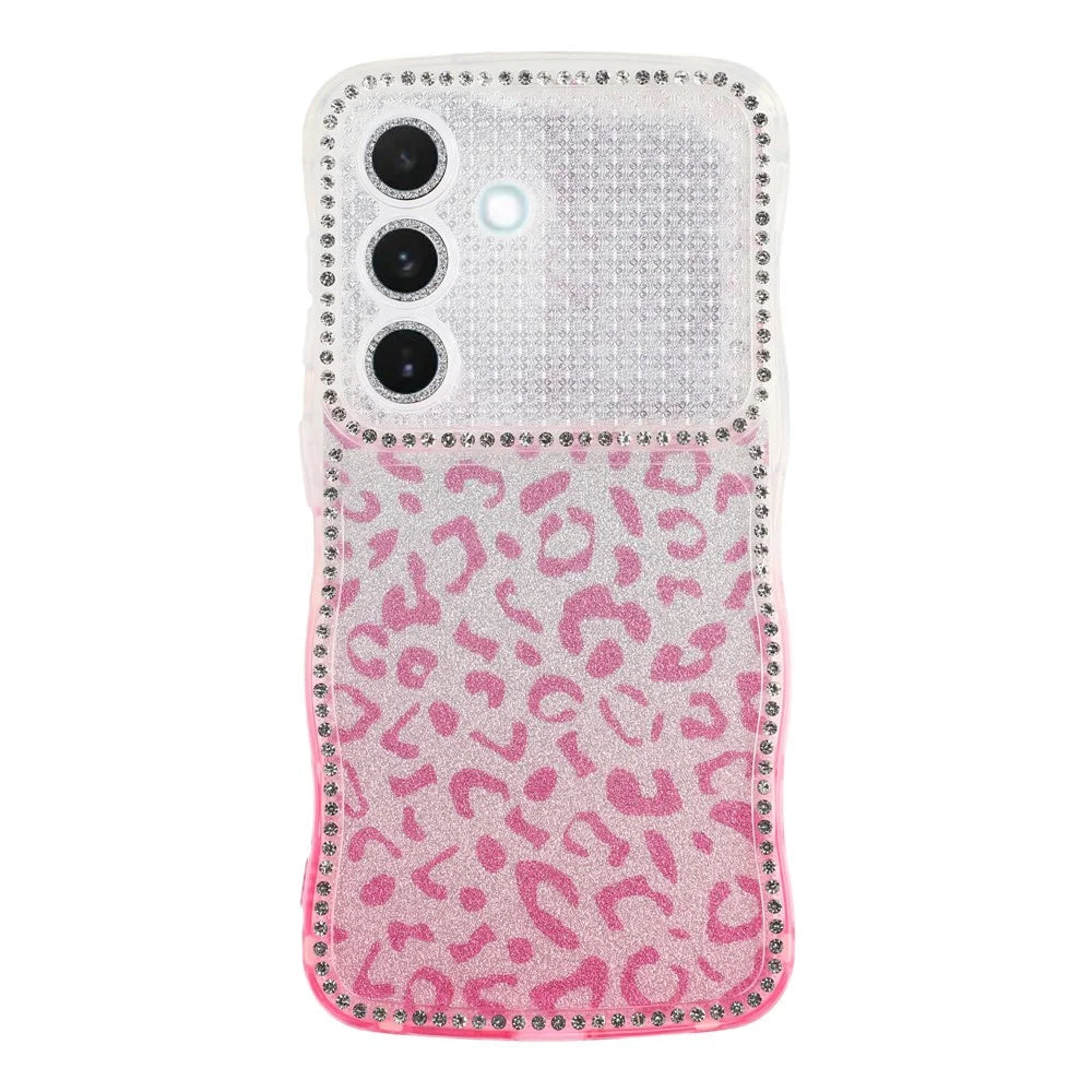 For Samsung Galaxy S26+ Case Rhinestone Decor Wave Frame TPU Phone Cover with Leopard Print Glitter Card  /  Lens Film - Gradient Pink - 1
