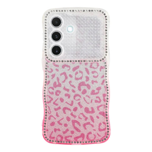For Samsung Galaxy S26+ Case Rhinestone Decor Wave Frame TPU Phone Cover with Leopard Print Glitter Card  /  Lens Film - Gradient Pink - 1