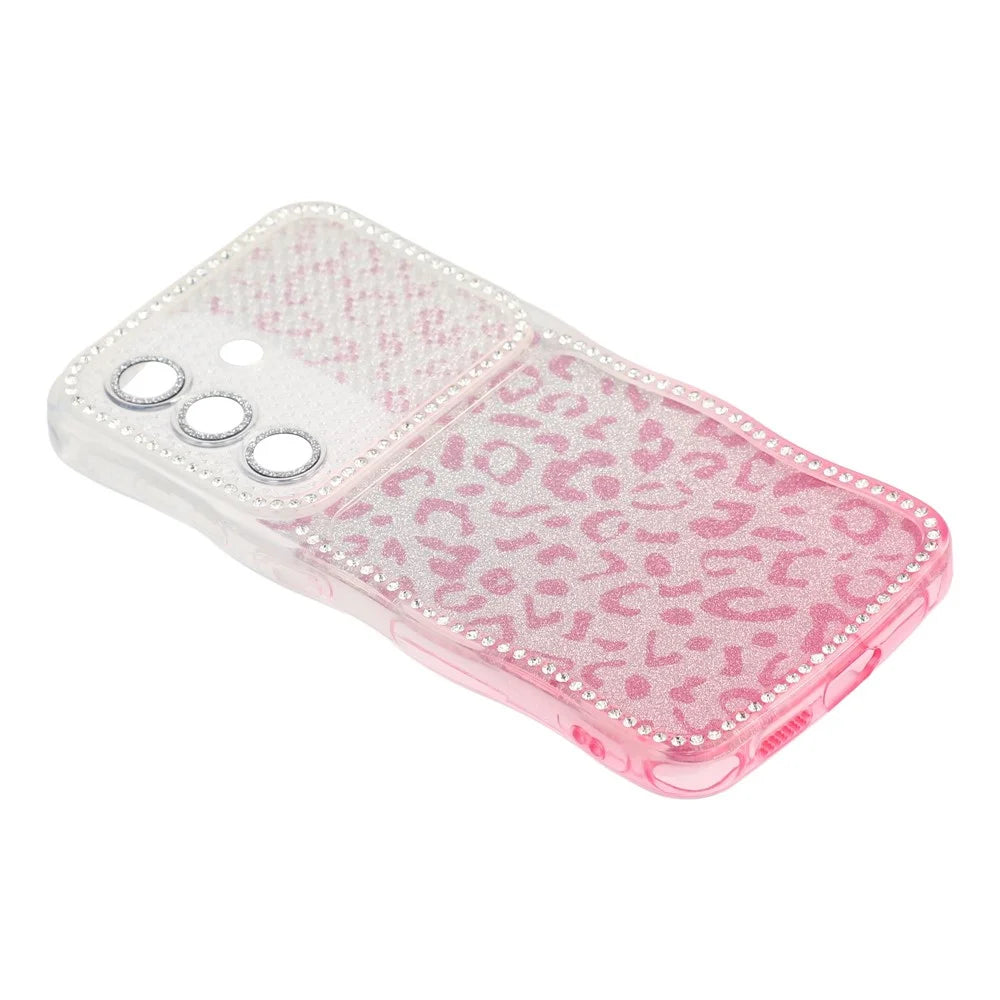 For Samsung Galaxy S26+ Case Rhinestone Decor Wave Frame TPU Phone Cover with Leopard Print Glitter Card  /  Lens Film - Gradient Pink - 4