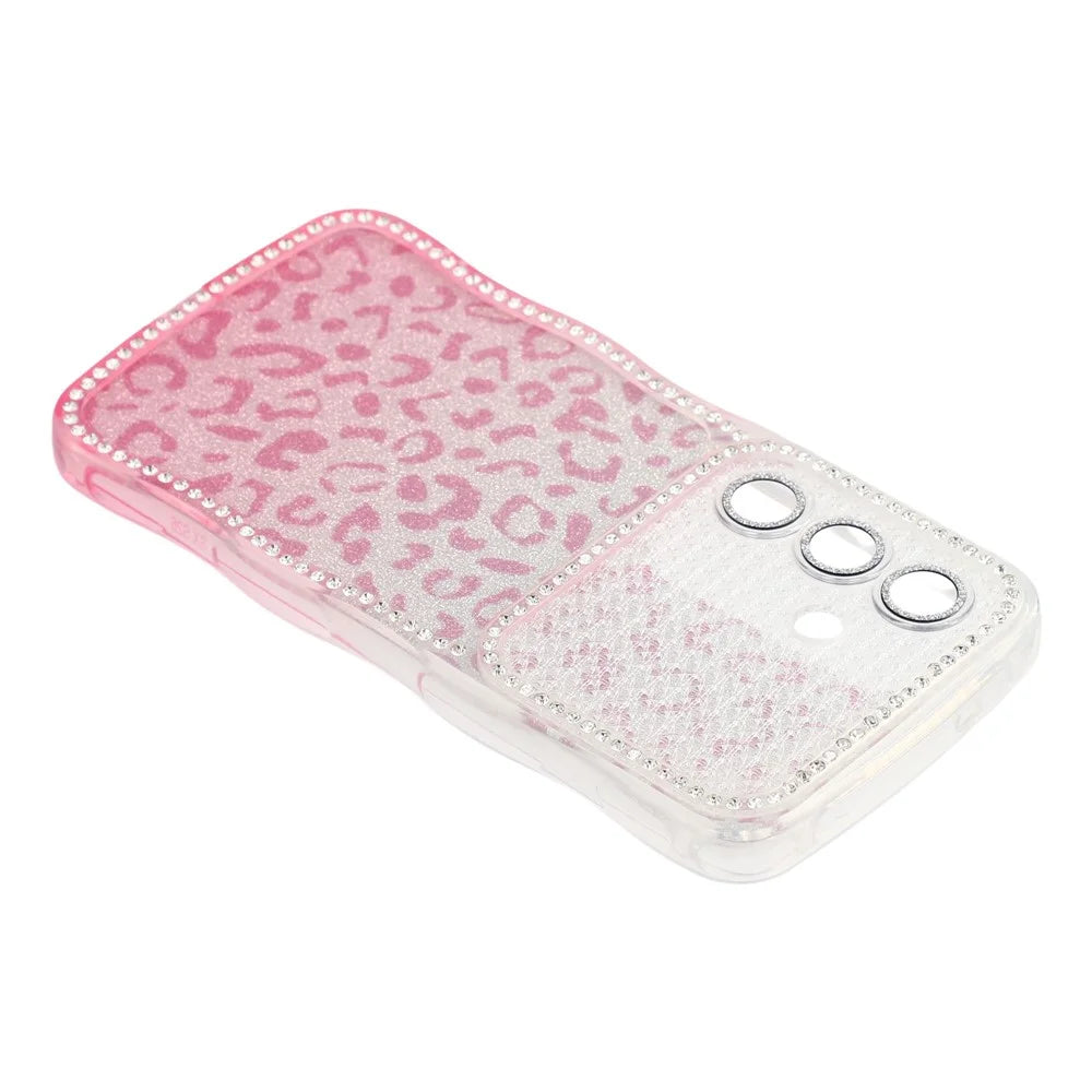 For Samsung Galaxy S26+ Case Rhinestone Decor Wave Frame TPU Phone Cover with Leopard Print Glitter Card  /  Lens Film - Gradient Pink - 5