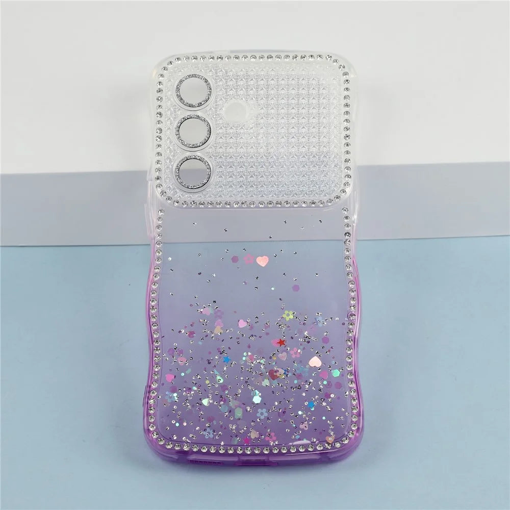 For Samsung Galaxy S26 Case Glitter Epoxy Design TPU Phone Cover with Sparkly Rhinestone Decor Wave Frame - Gradient Purple - 5