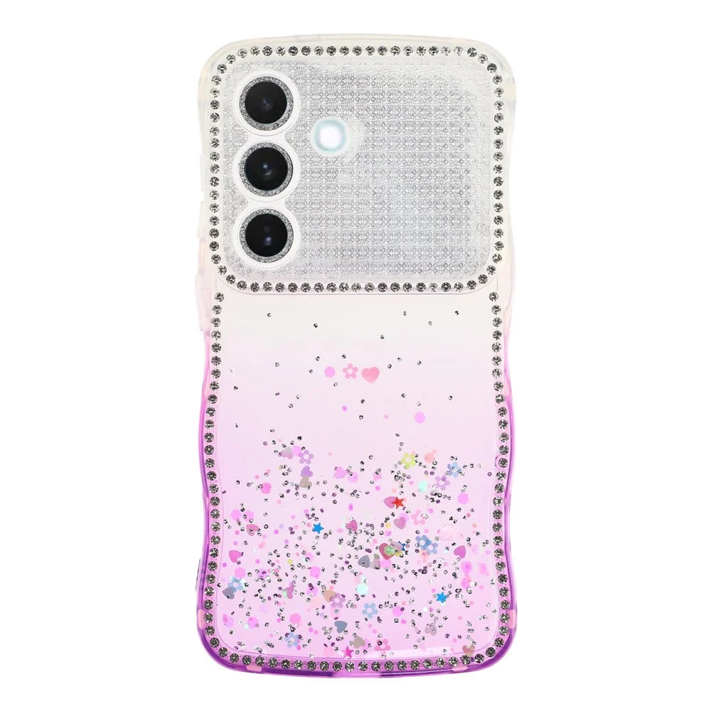 For Samsung Galaxy S26+ Case Glitter Epoxy Design TPU Phone Cover with Sparkly Rhinestone Decor Wave Frame - Gradient Purple - 1