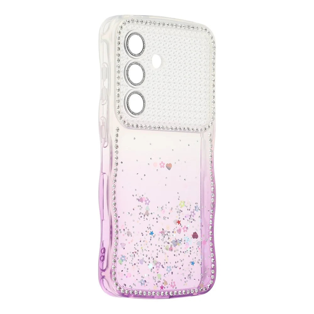 For Samsung Galaxy S26+ Case Glitter Epoxy Design TPU Phone Cover with Sparkly Rhinestone Decor Wave Frame - Gradient Purple - 2