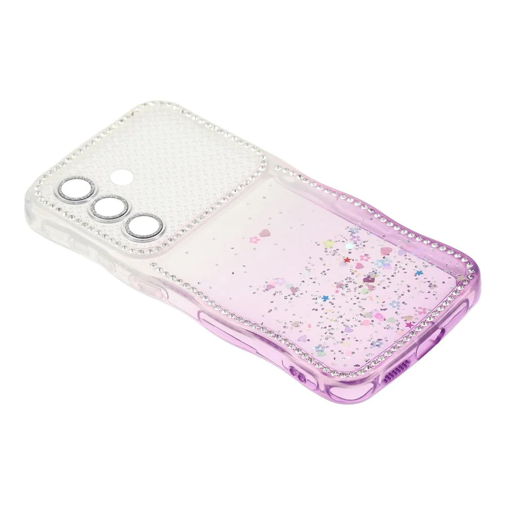 For Samsung Galaxy S26+ Case Glitter Epoxy Design TPU Phone Cover with Sparkly Rhinestone Decor Wave Frame - Gradient Purple - 3