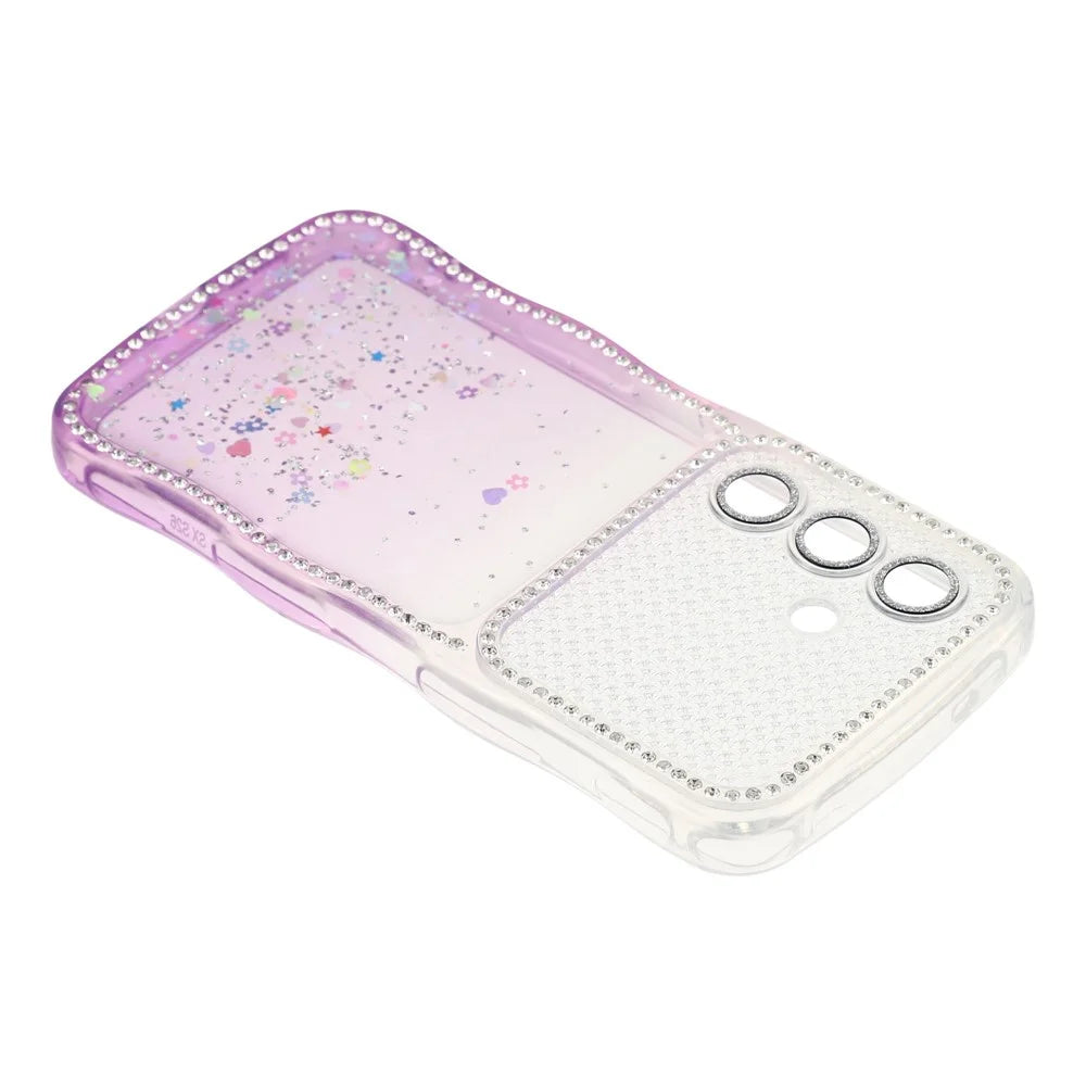 For Samsung Galaxy S26+ Case Glitter Epoxy Design TPU Phone Cover with Sparkly Rhinestone Decor Wave Frame - Gradient Purple - 4