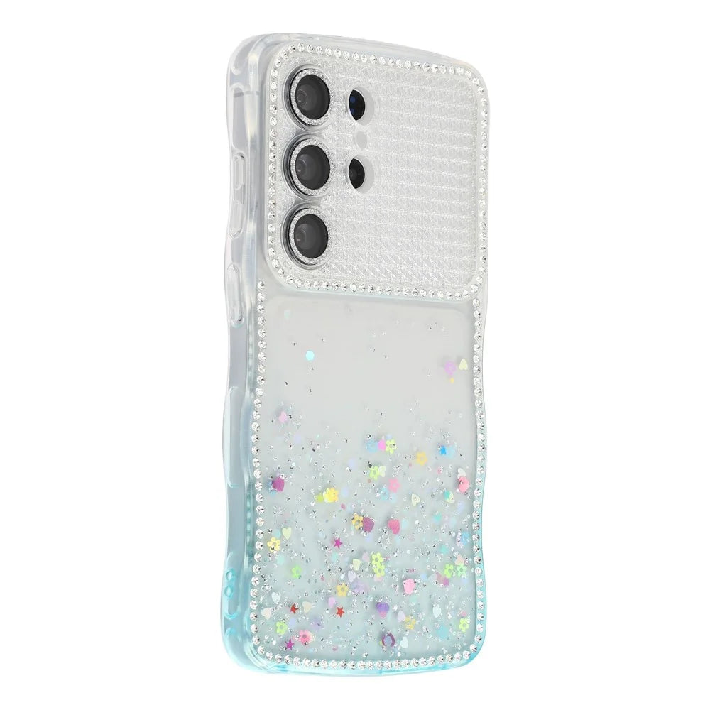 For Samsung Galaxy S26 Ultra Case Glitter Epoxy Design TPU Phone Cover with Sparkly Rhinestone Decor Wave Frame - Gradient Blue - 1