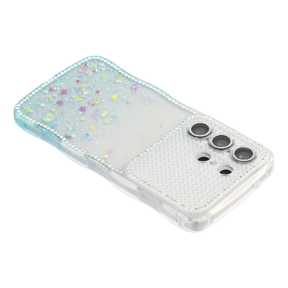 For Samsung Galaxy S26 Ultra Case Glitter Epoxy Design TPU Phone Cover with Sparkly Rhinestone Decor Wave Frame - Gradient Blue - 5