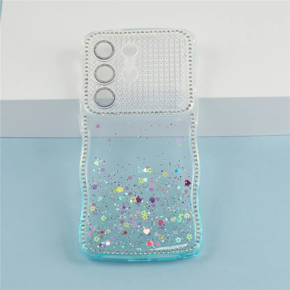 For Samsung Galaxy S26 Ultra Case Glitter Epoxy Design TPU Phone Cover with Sparkly Rhinestone Decor Wave Frame - Gradient Blue - 6