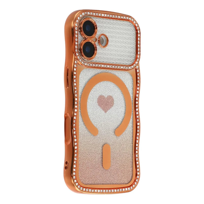 For iPhone 17 Magnetic Case Electroplated Wave Frame Rhinestone Decor TPU PC Phone Cover with Love Glitter Paper - Orange - 1