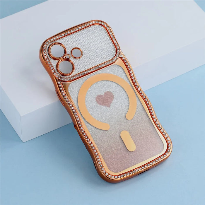 For iPhone 17 Magnetic Case Electroplated Wave Frame Rhinestone Decor TPU PC Phone Cover with Love Glitter Paper - Orange - 6