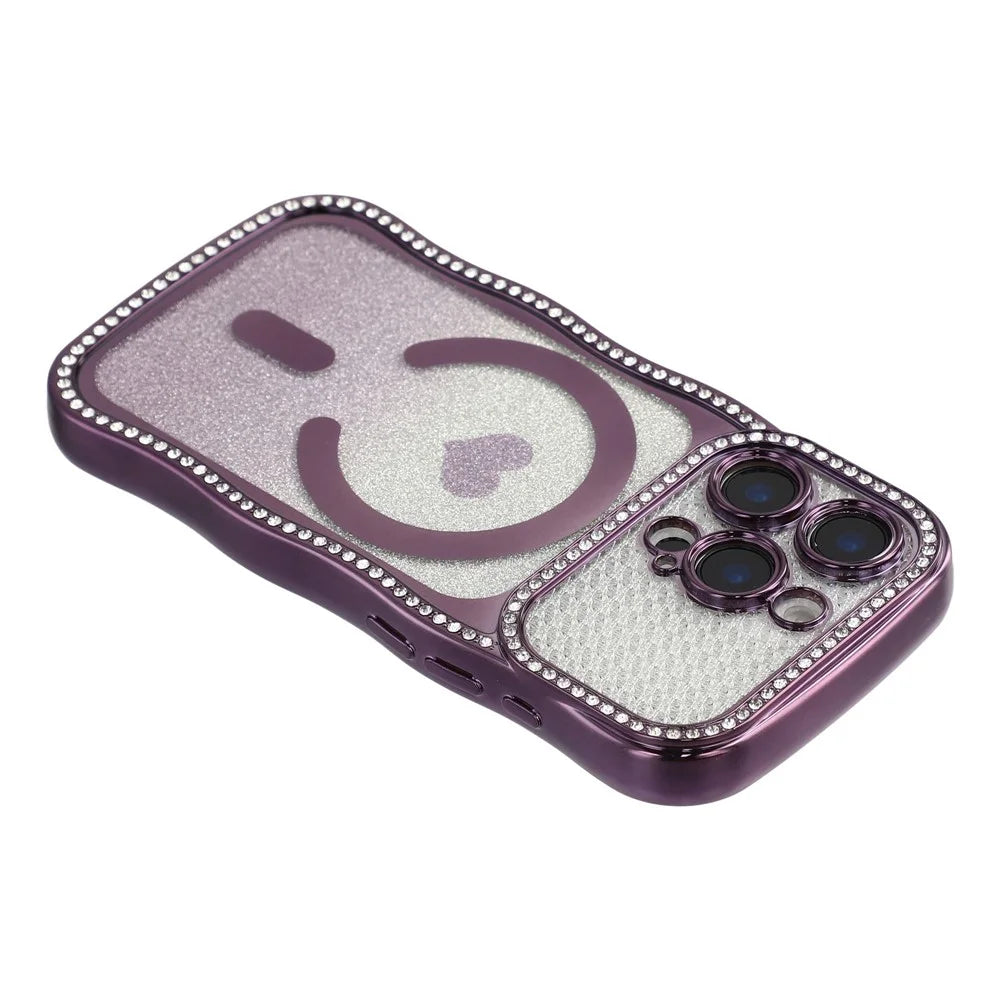 For iPhone 16 Pro Magnetic Case Electroplated Wave Frame Rhinestone Decor TPU PC Phone Cover with Love Glitter Paper - Purple - 5