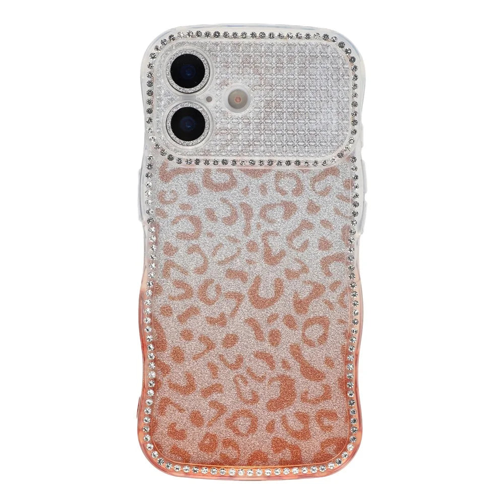 For iPhone 17 Case Rhinestone Decor Wave Frame TPU Phone Cover with Leopard Print Glitter Card  /  Lens Film - Gradient Brown - 2