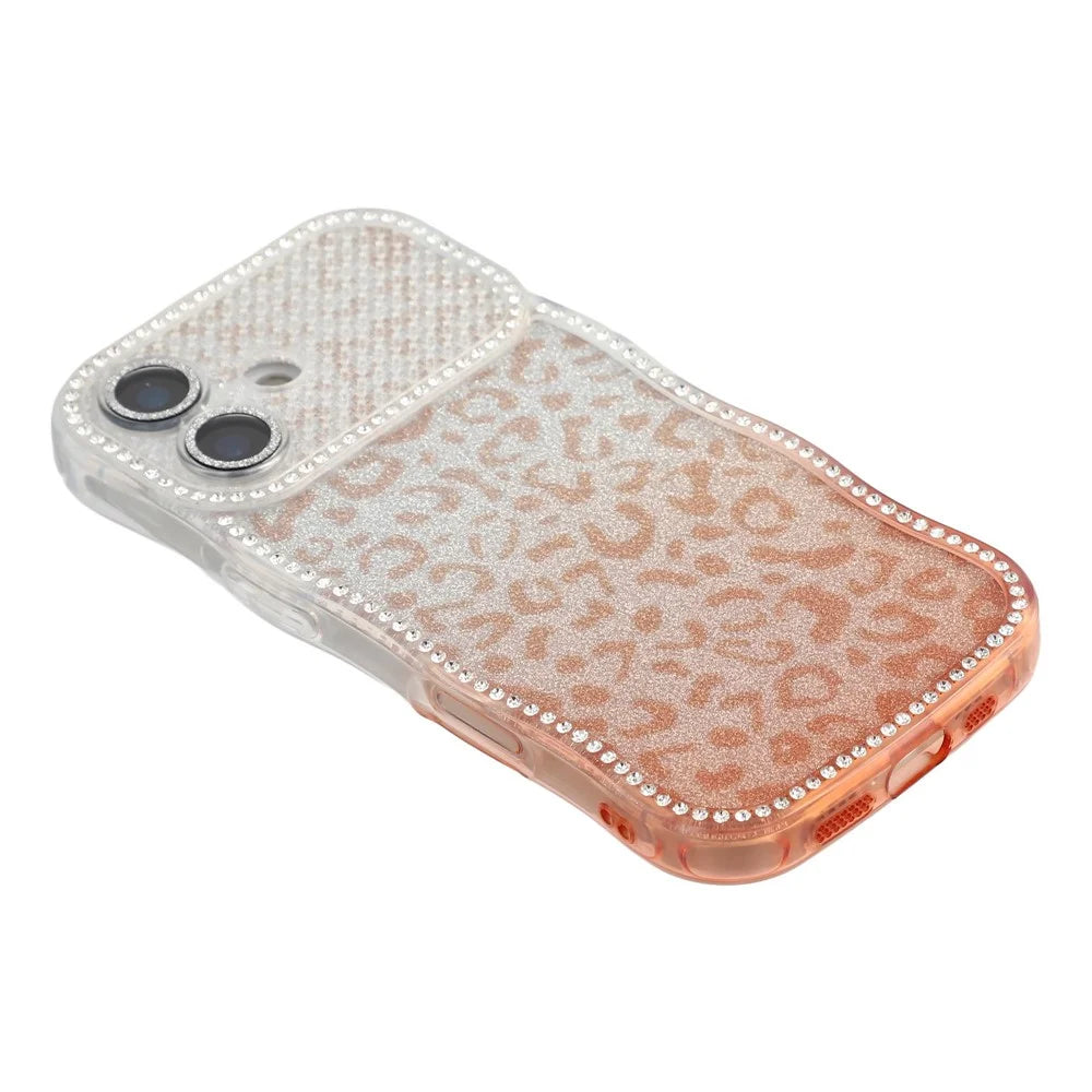For iPhone 17 Case Rhinestone Decor Wave Frame TPU Phone Cover with Leopard Print Glitter Card  /  Lens Film - Gradient Brown - 5
