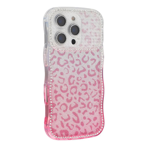 For iPhone 16 Pro Case Rhinestone Decor Wave Frame TPU Phone Cover with Leopard Print Glitter Card  /  Lens Film - Gradient Pink - 1