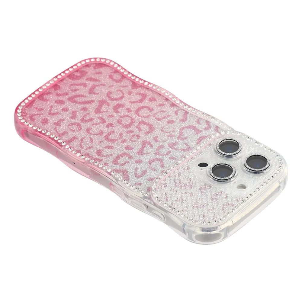 For iPhone 16 Pro Case Rhinestone Decor Wave Frame TPU Phone Cover with Leopard Print Glitter Card  /  Lens Film - Gradient Pink - 5
