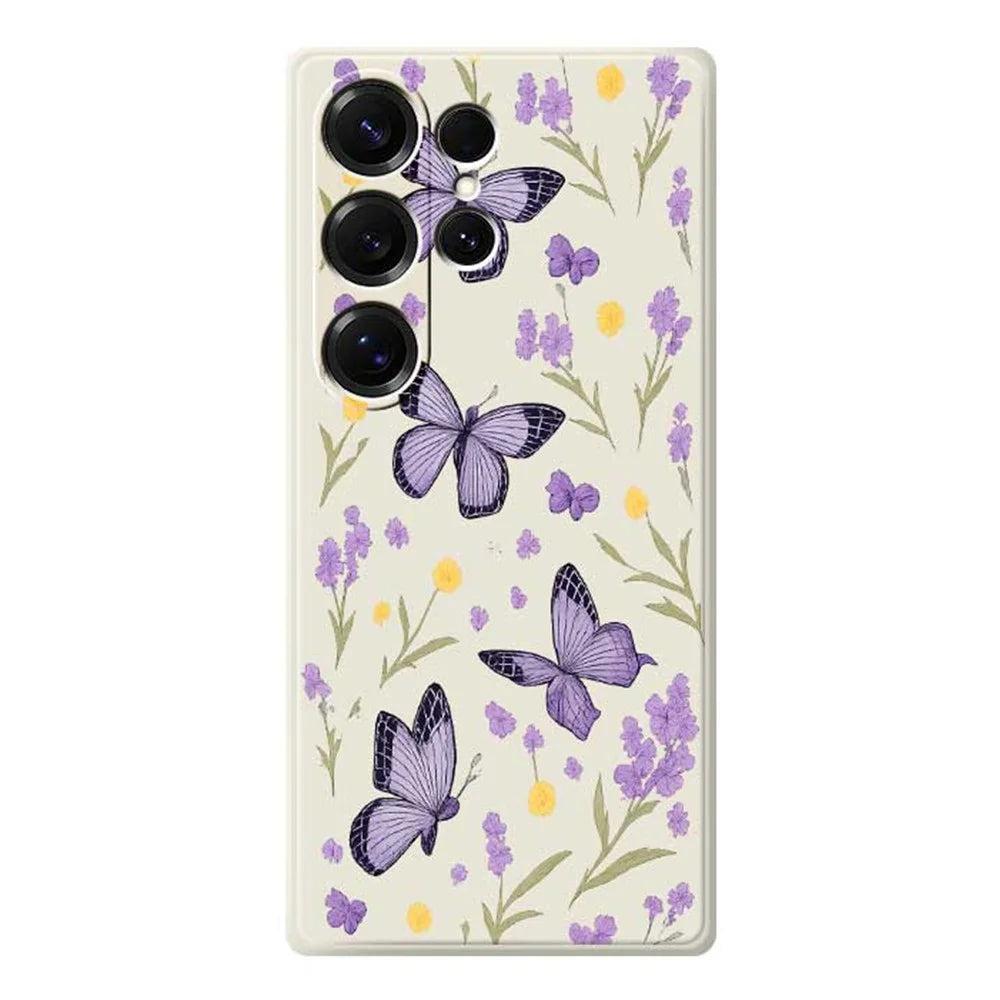 For Samsung Galaxy S26 Ultra Case Purple Butterflies Pattern Printing Straight Edge TPU Phone Back Cover - Beige - 1