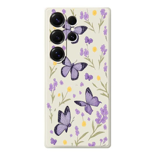 For Samsung Galaxy S26 Ultra Case Purple Butterflies Pattern Printing Straight Edge TPU Phone Back Cover - Beige - 1