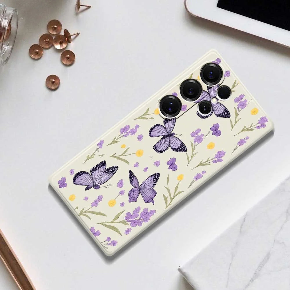For Samsung Galaxy S26 Ultra Case Purple Butterflies Pattern Printing Straight Edge TPU Phone Back Cover - Beige - 7