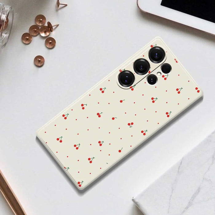 For Samsung Galaxy S26 Ultra Case Red Cherry Pattern Printing Straight Edge TPU Phone Back Cover - Beige - 7