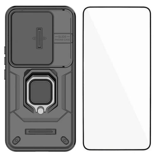 WANLONFENG For Honor 400 Pro 5G (Global) Case  ZDX Series PC TPU Kickstand Phone Back Case with Lens Cover + Tempered Glass - Black - 1