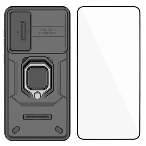 WANLONFENG For Samsung Galaxy S25 Edge Case  ZDX Series PC TPU Kickstand Phone Back Case with Lens Cover + Tempered Glass - Black - 1
