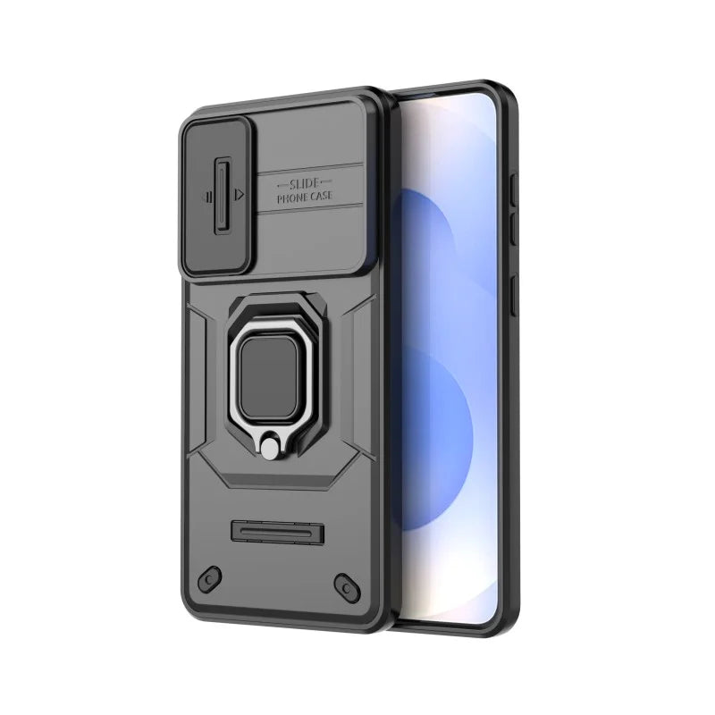 WANLONFENG For Samsung Galaxy S25 Edge Case  ZDX Series PC TPU Kickstand Phone Back Case with Lens Cover + Tempered Glass - Black - 2