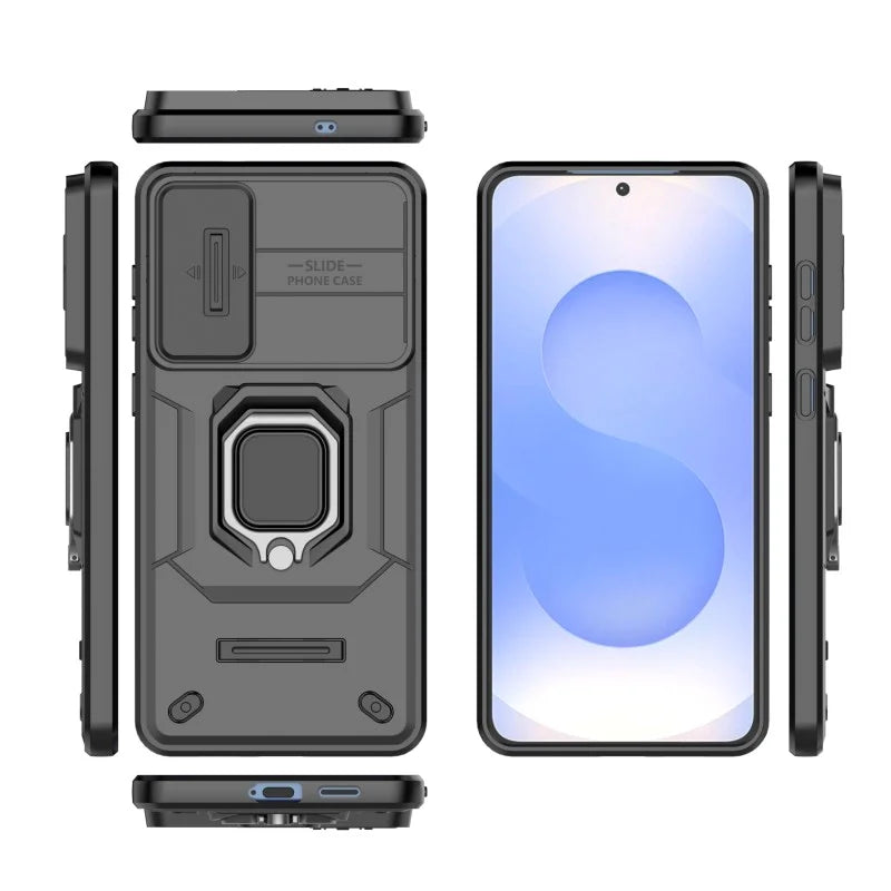 WANLONFENG For Samsung Galaxy S25 Edge Case  ZDX Series PC TPU Kickstand Phone Back Case with Lens Cover + Tempered Glass - Black - 3