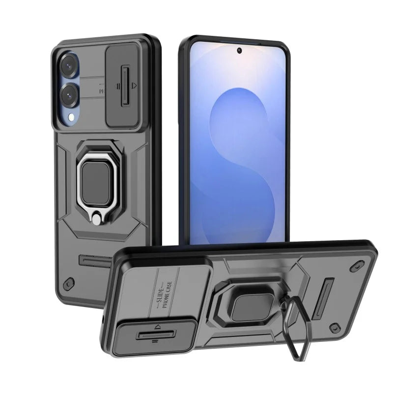 WANLONFENG For Samsung Galaxy S25 Edge Case  ZDX Series PC TPU Kickstand Phone Back Case with Lens Cover + Tempered Glass - Black - 4