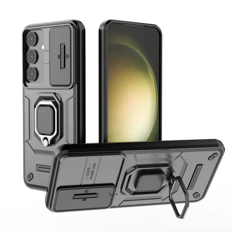 WANLONFENG For Samsung Galaxy S25+ Case  ZDX Series PC TPU Kickstand Phone Back Case with Lens Cover + Tempered Glass - Black - 4