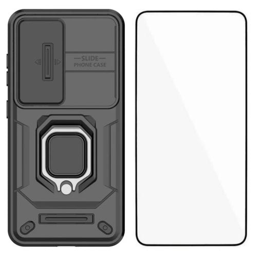 WANLONFENG For Samsung Galaxy S25 Case  ZDX Series PC TPU Kickstand Phone Back Case with Lens Cover + Tempered Glass - Black - 1