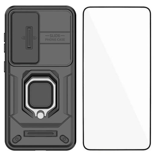 WANLONFENG For Samsung Galaxy S25 Case  ZDX Series PC TPU Kickstand Phone Back Case with Lens Cover + Tempered Glass - Black - 1