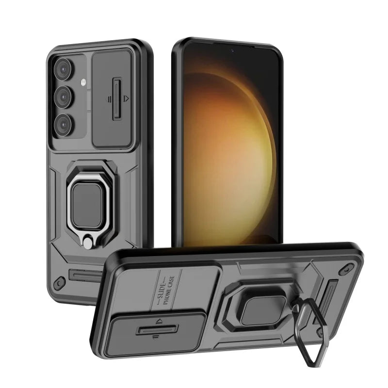 WANLONFENG For Samsung Galaxy S25 Case  ZDX Series PC TPU Kickstand Phone Back Case with Lens Cover + Tempered Glass - Black - 4