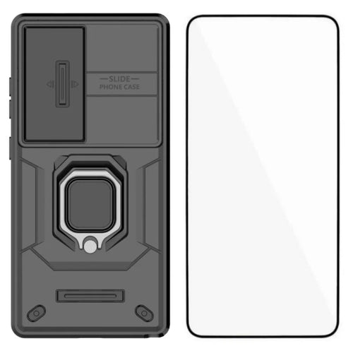 WANLONFENG For Samsung Galaxy S25 Ultra Case  ZDX Series PC TPU Kickstand Phone Back Case with Lens Cover + Tempered Glass - Black - 1