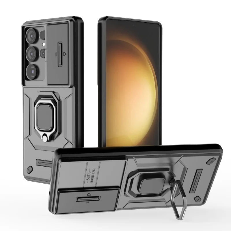 WANLONFENG For Samsung Galaxy S25 Ultra Case  ZDX Series PC TPU Kickstand Phone Back Case with Lens Cover + Tempered Glass - Black - 4