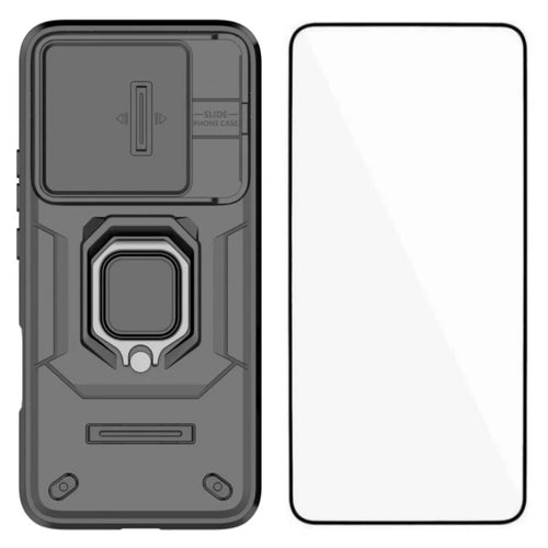 WANLONFENG For Honor 400 Lite 5G Case  ZDX Series PC TPU Kickstand Phone Back Case with Lens Cover + Tempered Glass - Black - 1