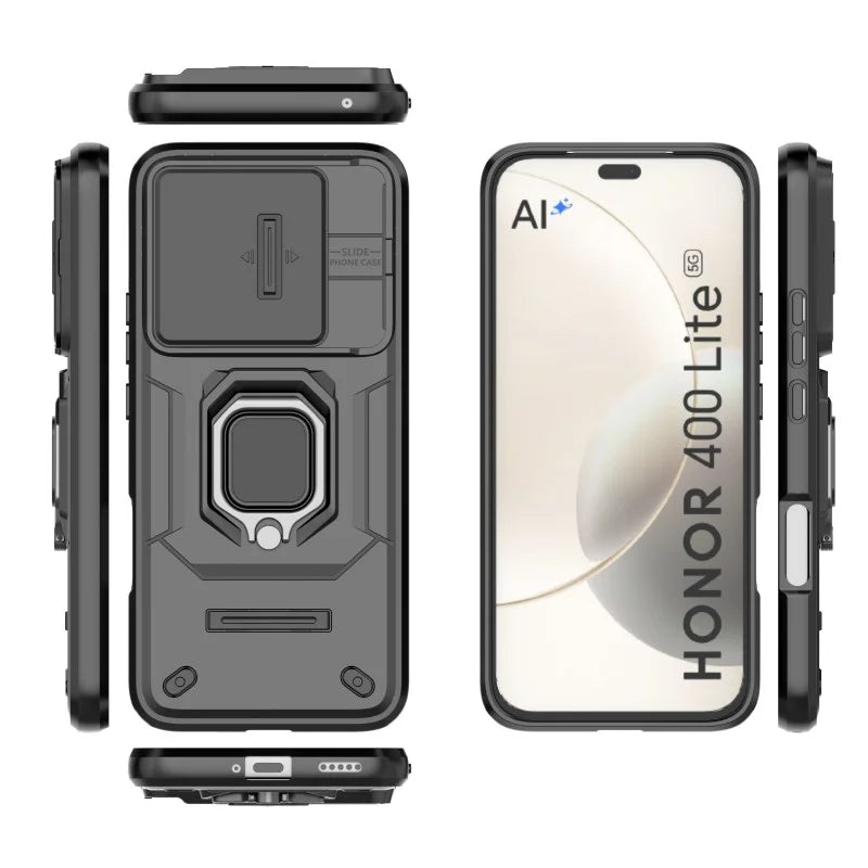 WANLONFENG For Honor 400 Lite 5G Case  ZDX Series PC TPU Kickstand Phone Back Case with Lens Cover + Tempered Glass - Black - 4